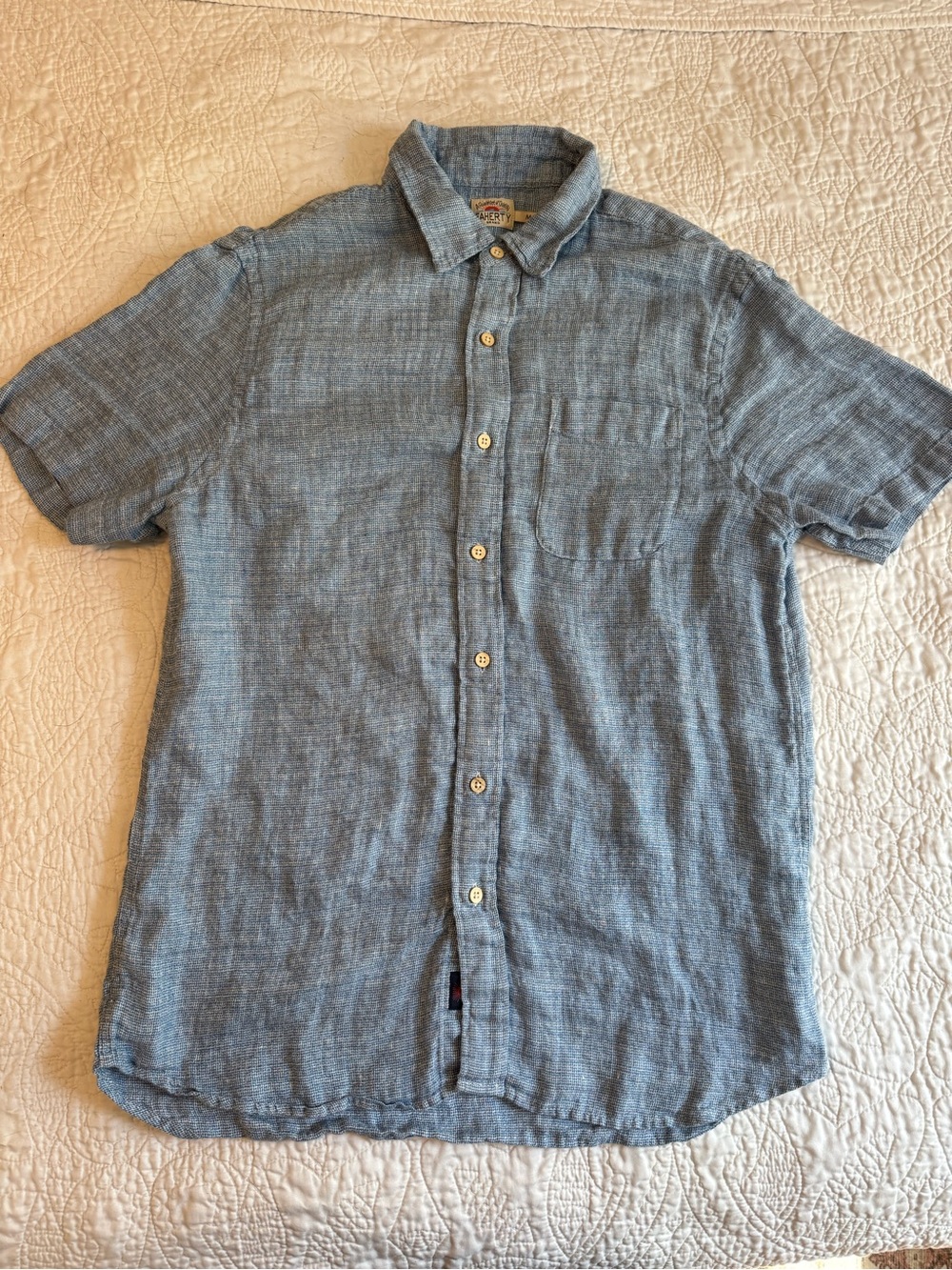 Faherty Palma Blue Basketweave Short-Sleeve Linen Button-Up Shirt